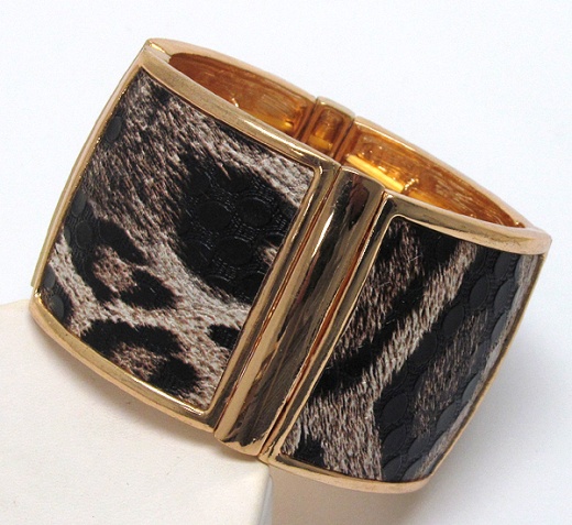 Scratch Metal and Leather Animal Print Square Pattern Stretch Bracelet