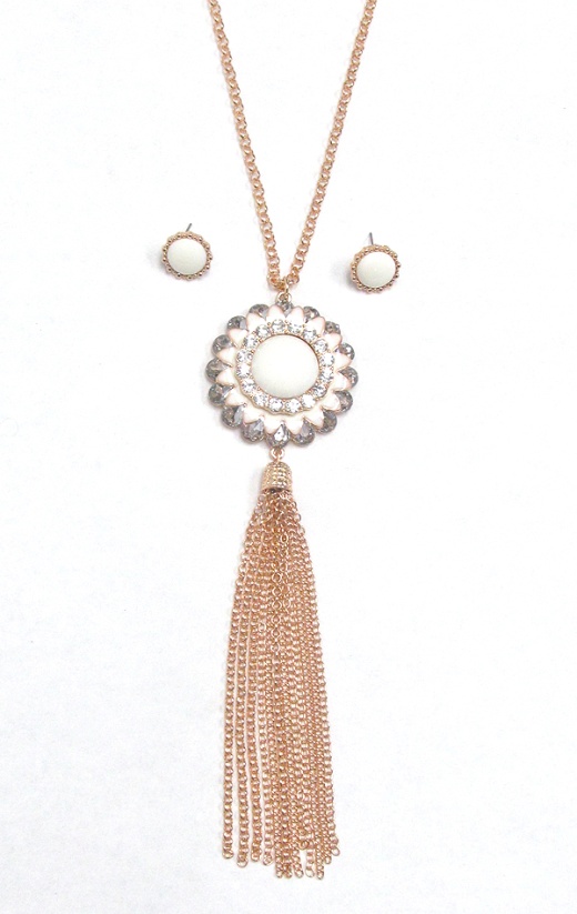 Crystal Flower And Long Fine Chain Tassel Necklace Set