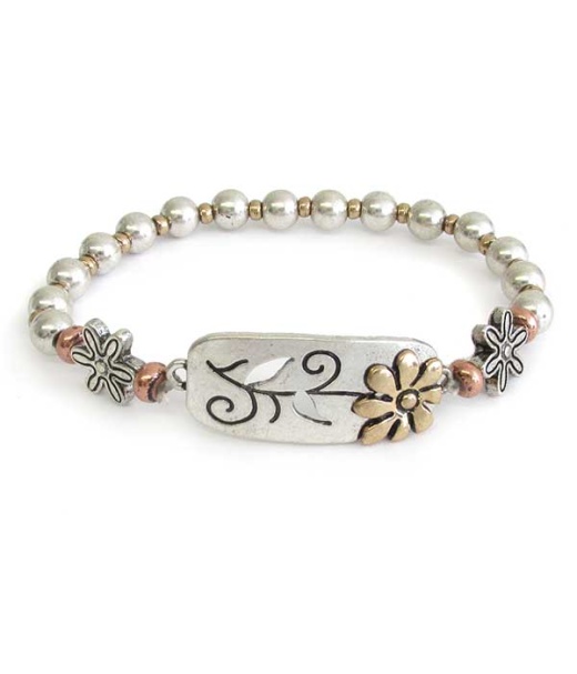 Flower and Metal Ball Bead Stretch Bracelet - Wholesale Prices