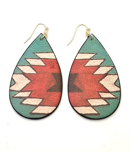 Aztec Pattern Teardrop Wood Earring - Western Style Jewelry