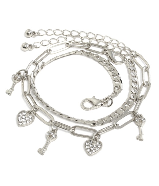 Multi Heart and Key Charm Double Bracelet Set - Valentine