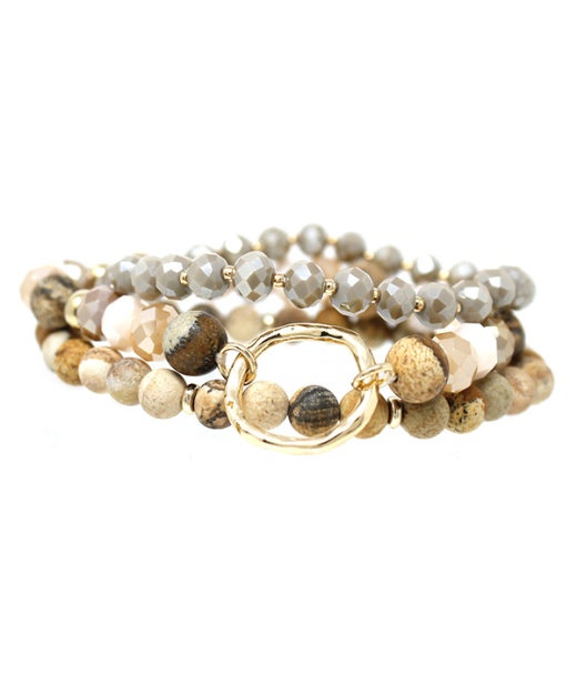 Facet and Semi Precious Stone Mix 3 Stretch Bracelet Set
