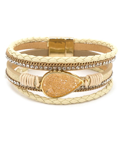 Teardrop Druzy and Multi Layer Leatherette Magnetic Bracelet