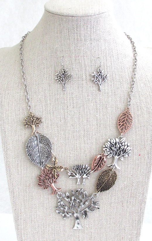 Tree Of Life Theme Multi Charm Link Bib Necklace Set
