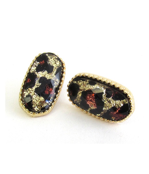 Facet Stone Oval Stud Earring - Leopard