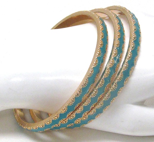 Metal Filigree and Epoxy Center Deco Bangle Bracelet Set of 3