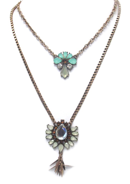 Bohemian Style Crystal Mix Pendant Double Layer Necklace Set