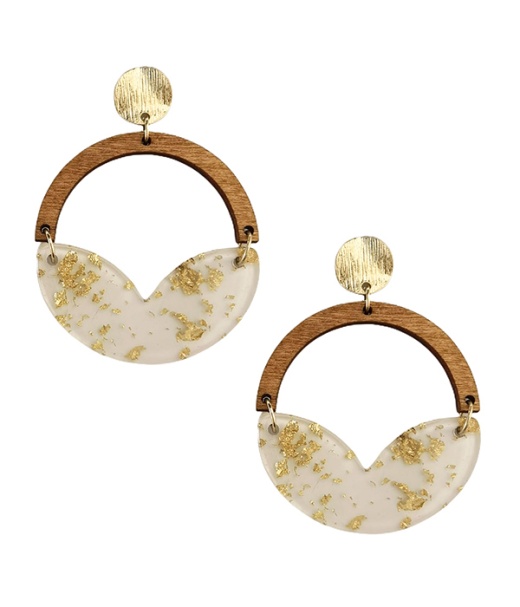 Wood And Gold Flake Resin Earring