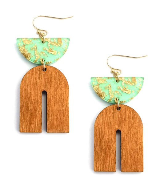 Wooden Arch and Gold Flake Acetate Drop Earring