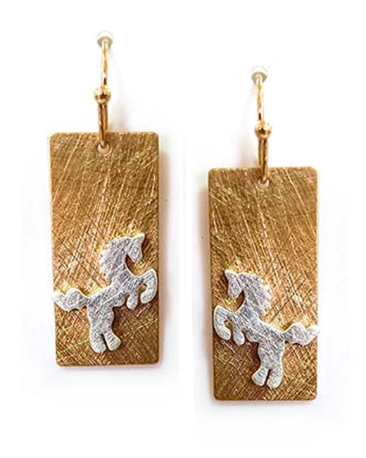Scratch Metal Bar Horse Earring - Brass Metal Alloy