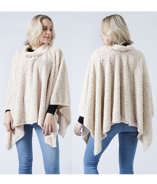 Stripe Pattern Faux Fur Poncho - 100% Polyester