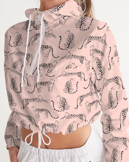 Women's Cropped Windbreaker Pink Cheetah Silhouette