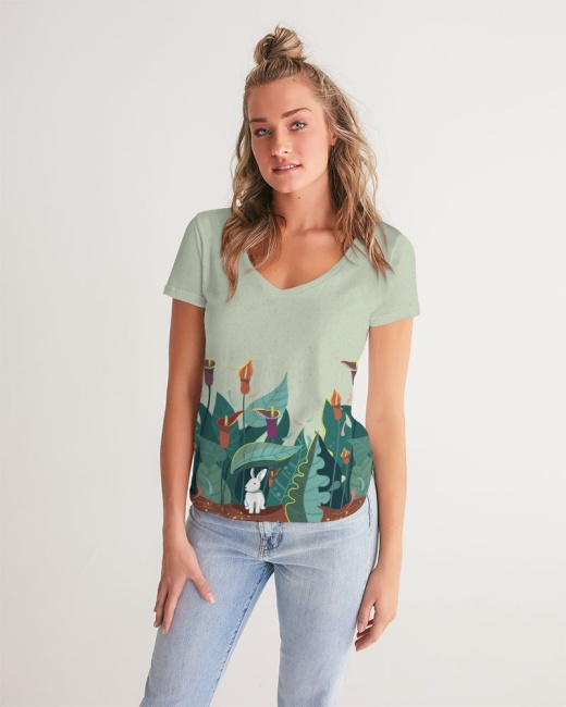 Women's V-Neck Tee Bunny & Flowers