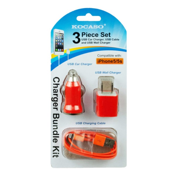 Orange 3 Piece Iphone Charging Set With Wall And Car Charger, Pack Of 12