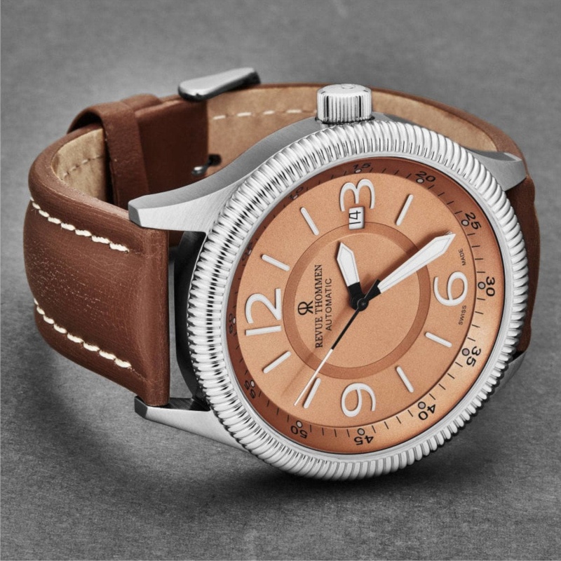 Revue Thommen Men's 'Pilot' Salmon Dial Brown Leather Strap Automatic Watch