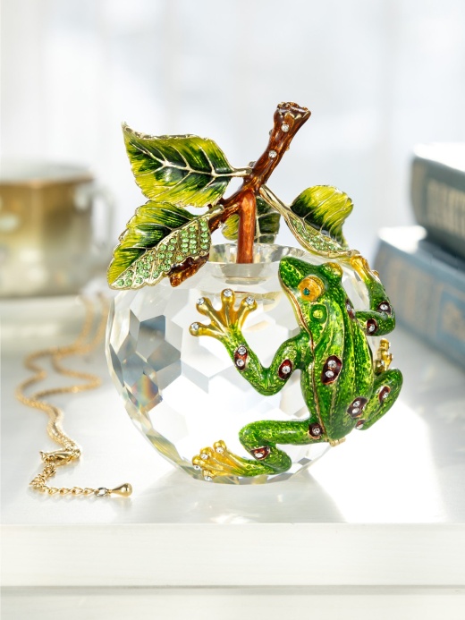Crystal Apple With A Green Frog On It - Handmade Austrian Crystal Statue by Keren Kopal
