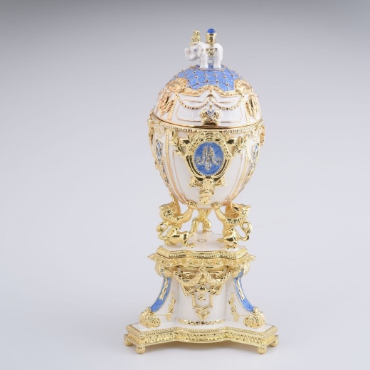 White Faberge Egg with An Elephant On Top Trinket Box by Keren Kopal