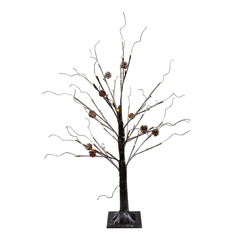 3' Pre-Lit Warm White Fairy Led Flocked Brown Bark Twig Tree With Pinecones