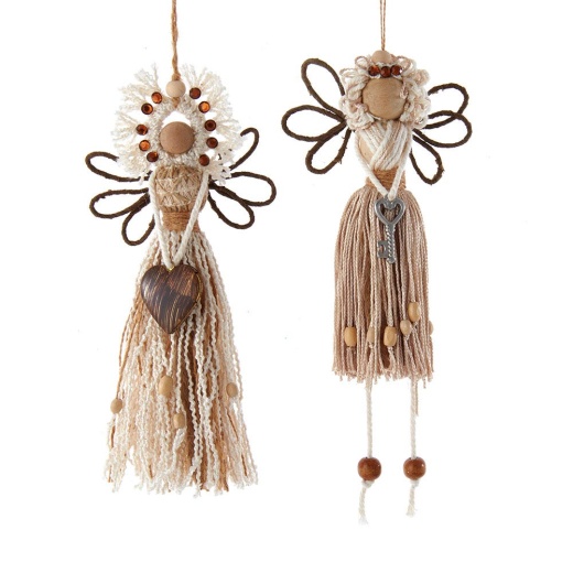Macramé Angel With Heart And Key Ornaments, 2 Assorted