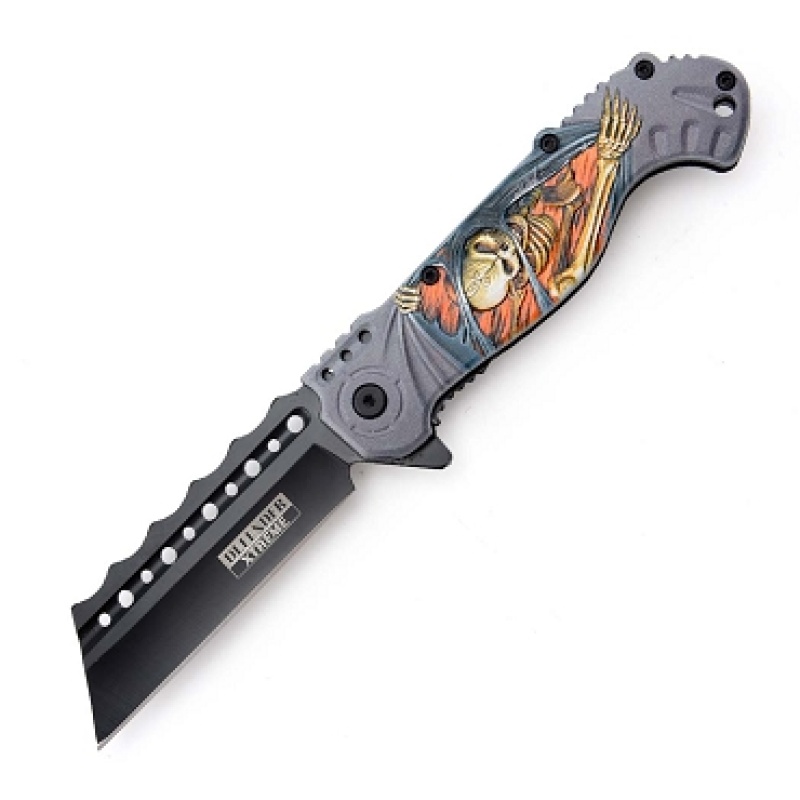Defender-Xtreme 8.5" Skull Design Abs Handle 3Cr13 Steel Spring Assisted Folding Knife