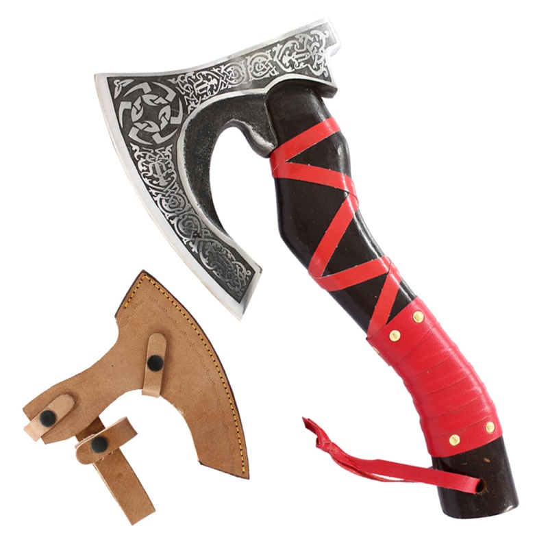 Theboneedge 14" Red Leather Wrapped Handle Steel Blade Hunting Axe With Sheath