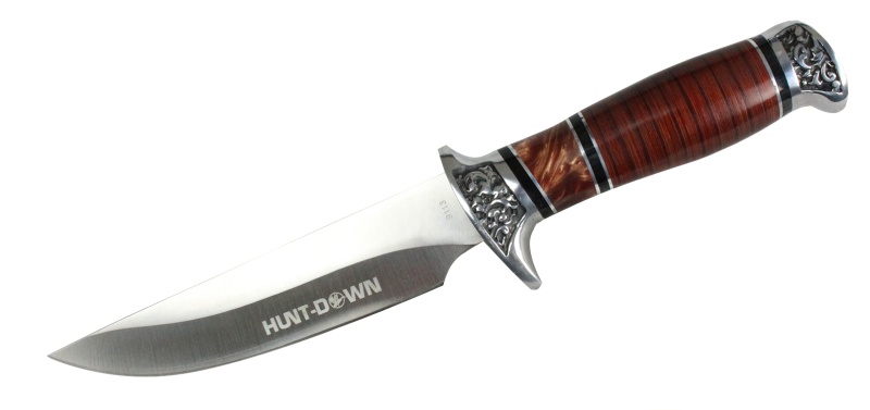 12" Hunt-Down Fixed Blade Brown And Chrome Knife With Sheath