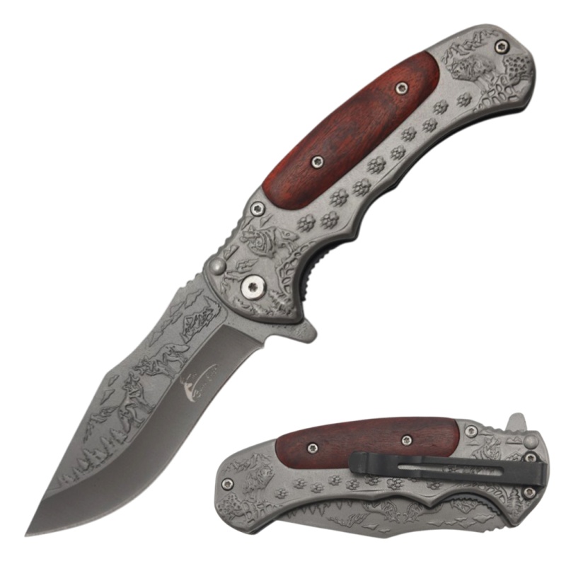 Theboneedge 8.75" Grey Titanium Wolf Ball Bearing Folding Knife With Red Sandalwood Handle