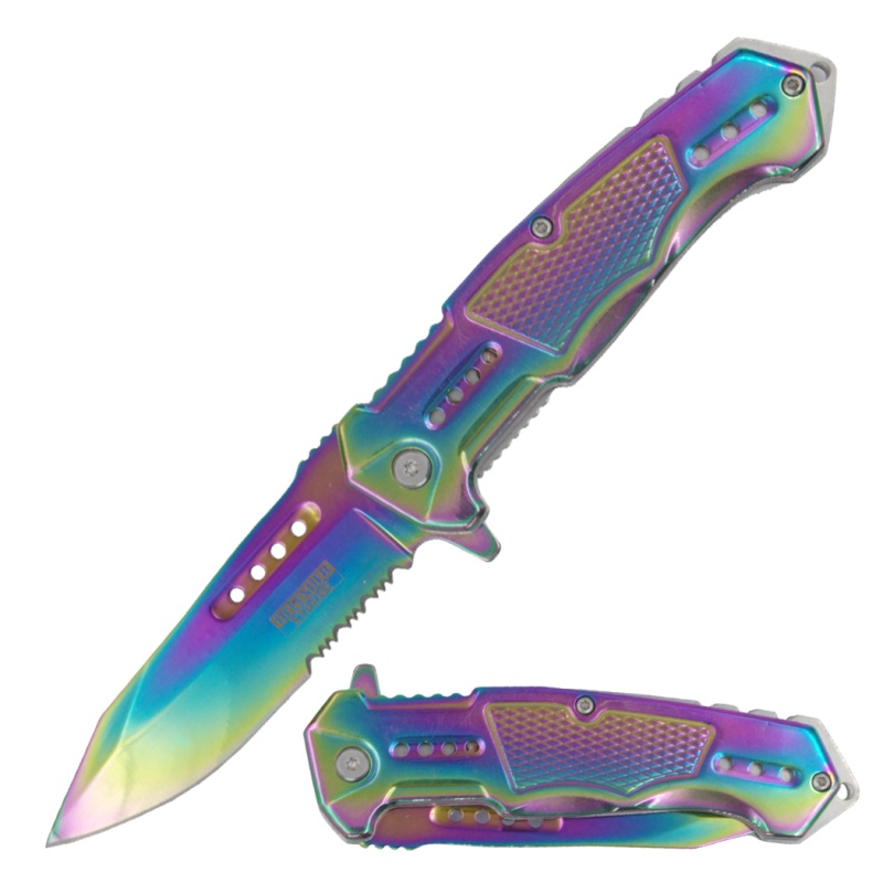 Defender-Xtreme 8.5" Rainbow Titanium Coating Serrated Blade Spring Assisted Folding Knife 3Cr13 Steel