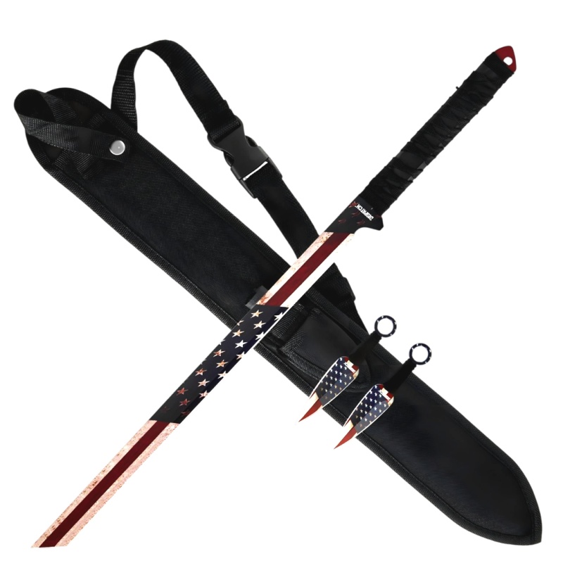 Dispatch 27" Usa Design Combat-Style Ninja Sword & Throwing Knife Set With Back Carry Sheath