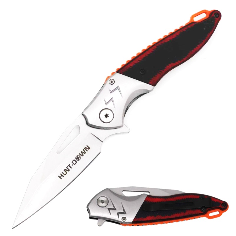 Hunt-Down 4.75" Bearing Folding Knife With Lightning Bolt Etched Steel & Red G10 Handle
