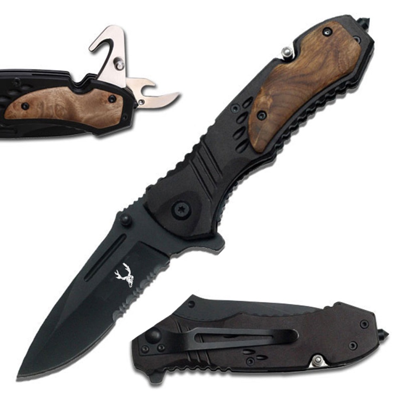 Theboneedge 8" Finger Flipper Black Aluminum Handle With Burl Wood Overlay Spring Assisted Folding Knife
