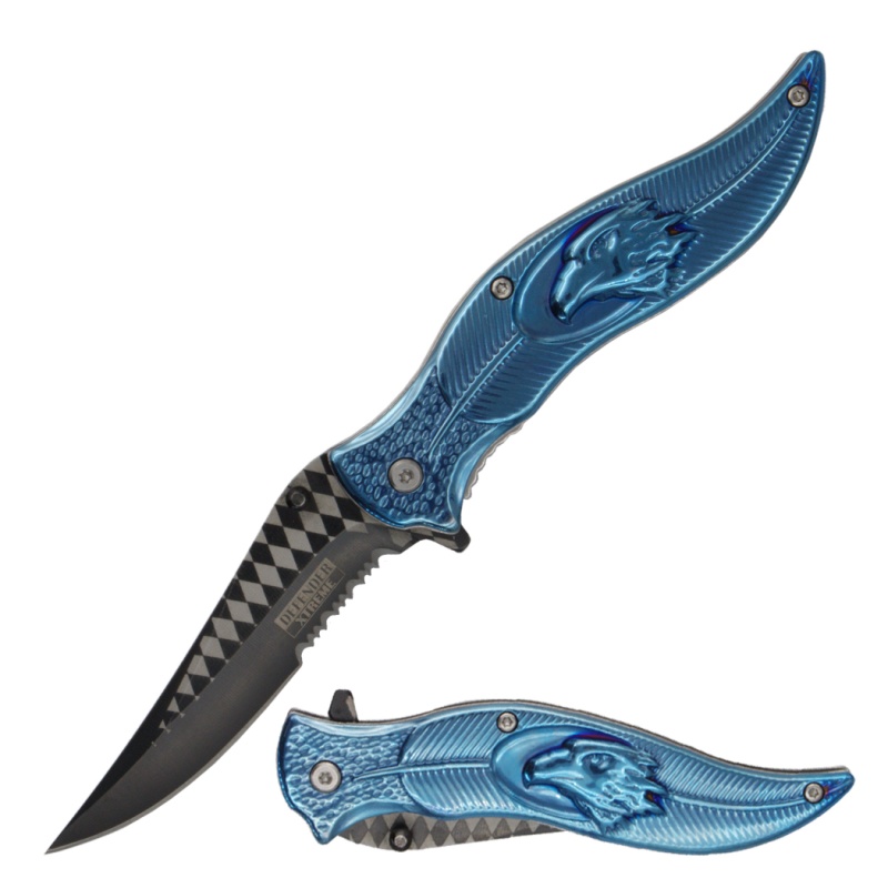 Defender-Xtreme 8.5" Blue Titanium Coating Leaf Style Handle Spring Assisted Folding Knife