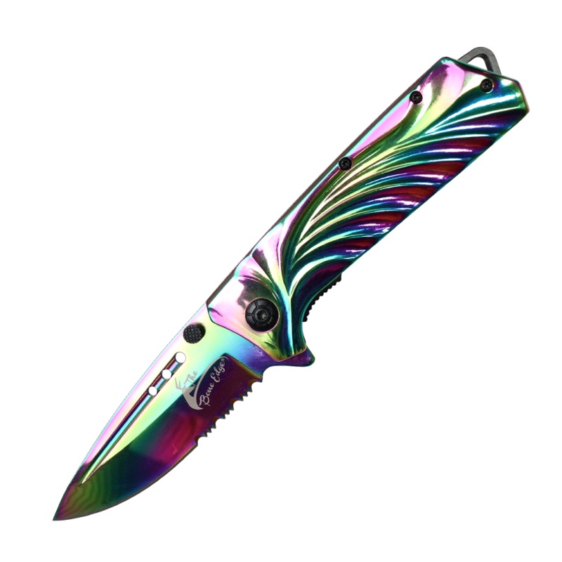 Theboneedge 9" Shiny Rainbow Steel Handle Spring Assisted Folding Knife With Belt Clip