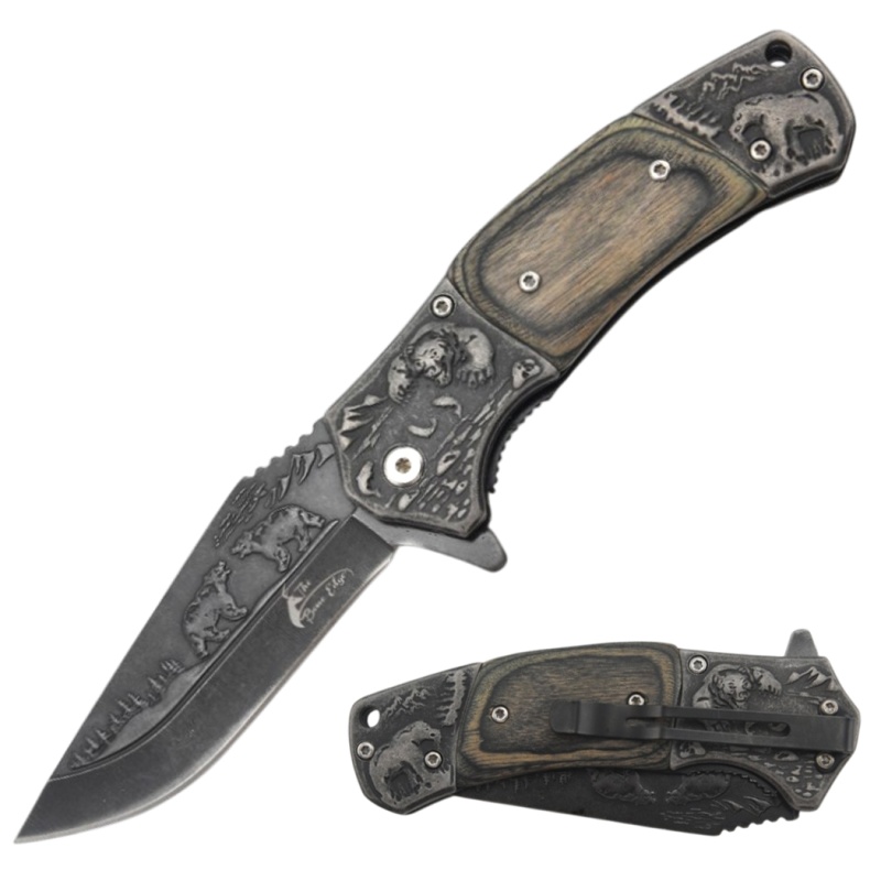 Theboneedge 8.75" Black Bear Ball Bearing Stone Wash Folding Knife With Pakkawood Overlay Handle