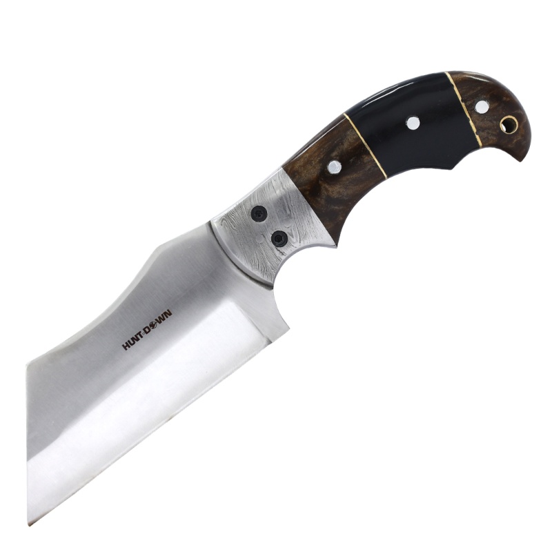 Hunt-Down 9" Black & Brown Resin Handle Damascus Bolster Hunting Knife With Leather Sheath