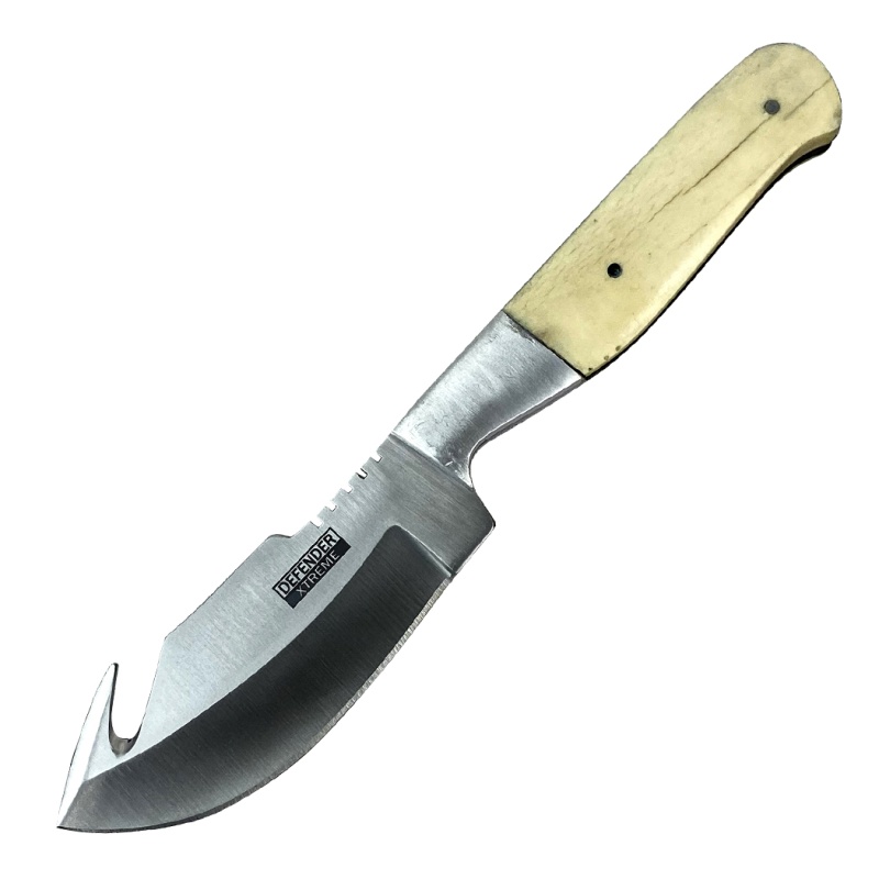 Defender-Xtreme 7.5" Bone Handle Stainless Steel Hook Blade Hunting Knife With Leather Sheath