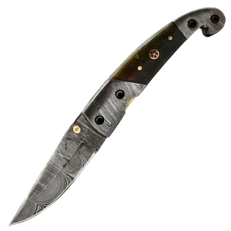 Theboneedge 7.5" Damascus Blade Folding Knife Hand Made Burn Bone Handle With Damascus Bolster