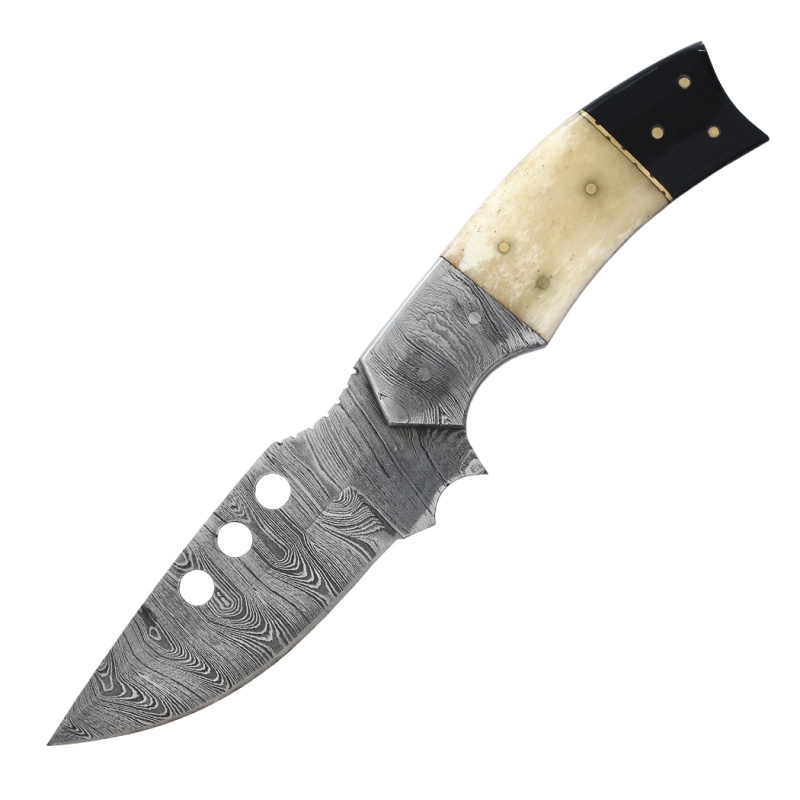 Hunt-Down 9.5" Damascus Blade Horn Handle Hunting Knife With Leather Sheath