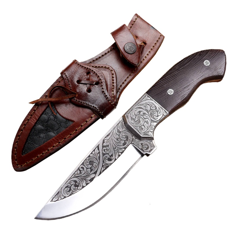 Theboneedge 10" Hand Made Wanging Wood Handle Engraved Blade Tracker Hunting Knife With Sheath