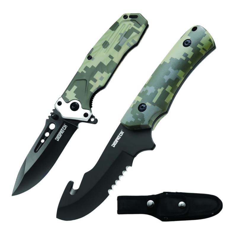 Dispatch 8.5" Fixed Blade And Folding Knife Set With Sheath For Outdoor, Camping & Hiking