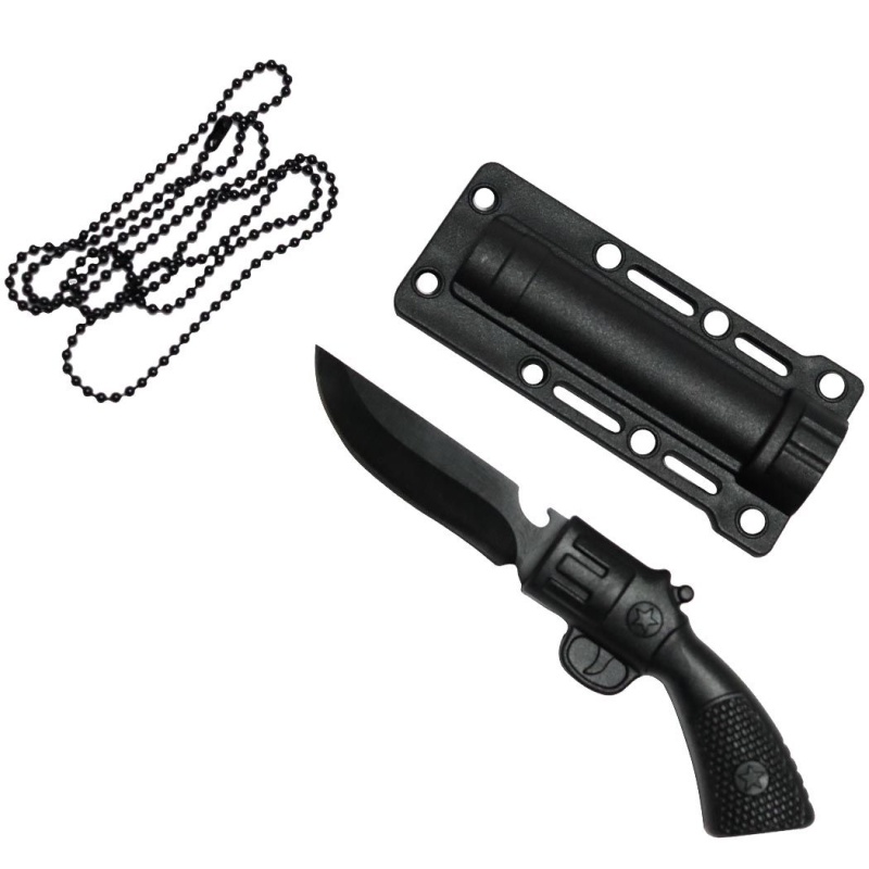 Defender-Xtreme 5.5" Black Hunting Gun Style Knife W/ Necklace 3Cr13 Steel