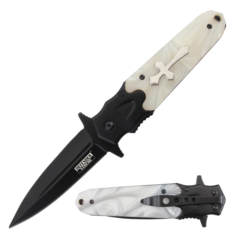 Defender Xtreme 8.5" Spring Assisted Folding Knife - White Acrylic Handle, Black Bolster Blade