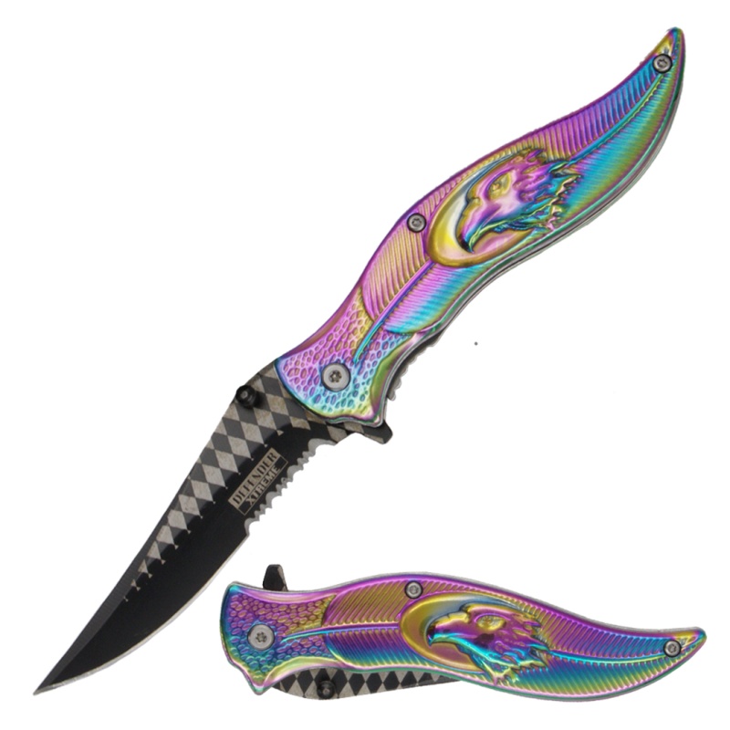 Defender-Xtreme 8.5" Rainbow Titanium Coating Leaf Style Handle Spring Assisted Folding Knife