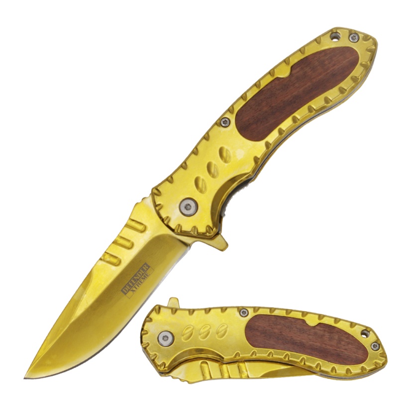 Defender-Xtreme 8.5" Golden Titanium Coating With Red Ebony Inlay Handle Spring Assisted Folding Knife