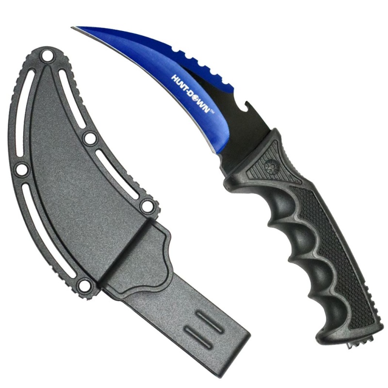 Hunt-Down 8.5" Blue & Black Karambit Knife with Sheath