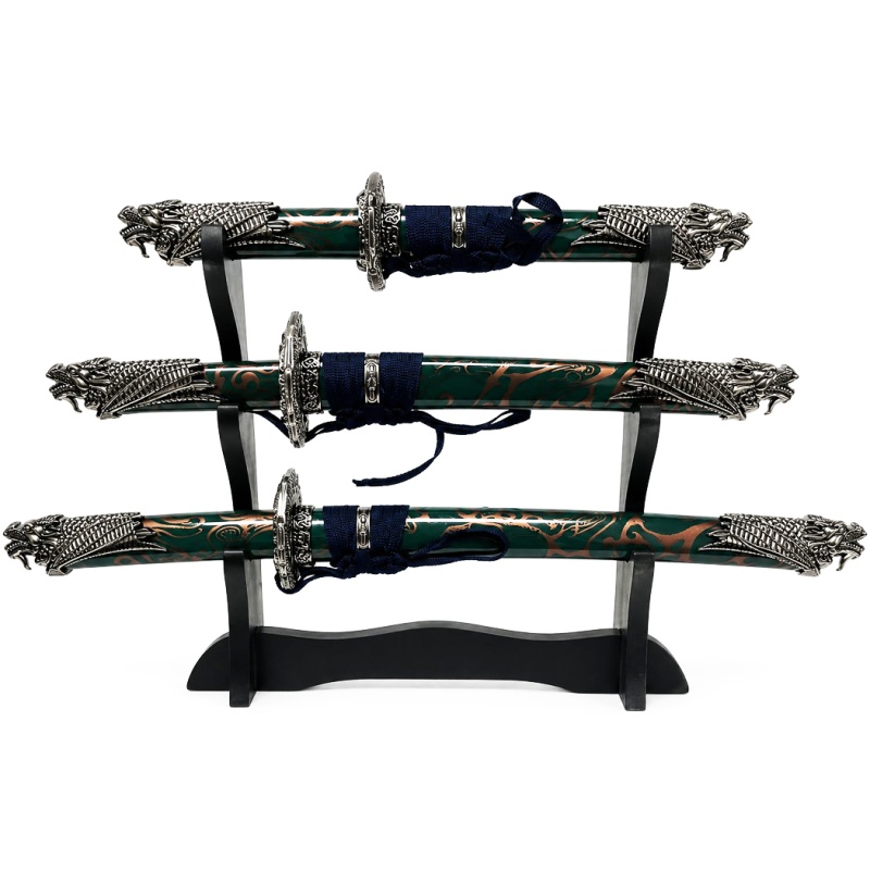 Defender 3Pcs Set Dragon Design Handle Blue Samurai Mini Katana Sword With Stand