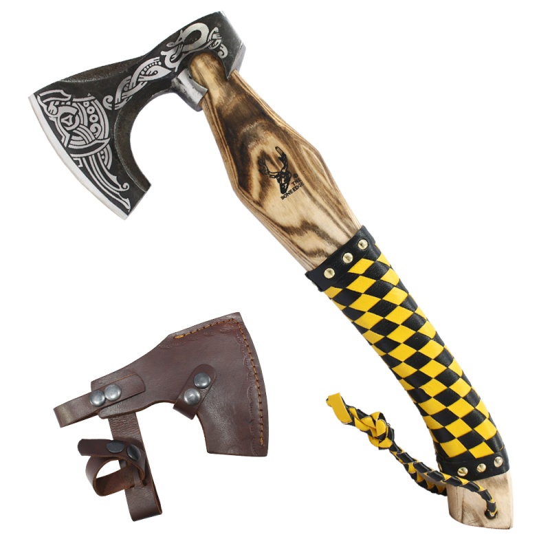 Theboneedge 17.5" Steel Blade Yellow & Black Leather Wrapped Handle Hunting Axe With Sheath