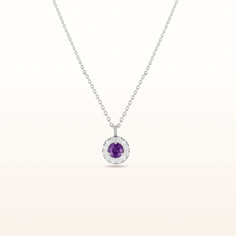 Round 4.2 Mm Amethyst And Diamond Margarita Halo Pendant In 14Kt White Gold