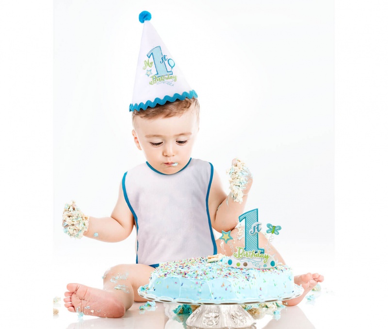 First Birthday Party Hat Blue Trim
