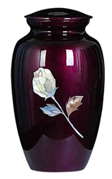 Handcrafted Purple Urn with Mother of Pearl Rose Inlay Keepsake